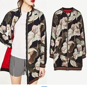 Zara Jacket Coat Long Line Bomber Crane Bird Motif Statement Jacket Floral S/M
